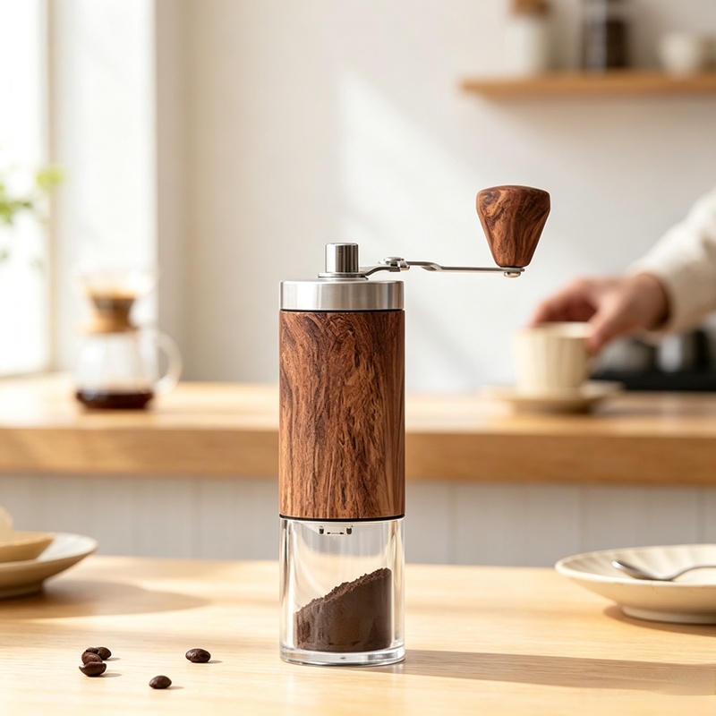 Burr Hand Grinder - Tragbare manuelle Kaffeemühle mit Holzmaserung, Edelstahl-Kurbel-Handkaffeemühle,