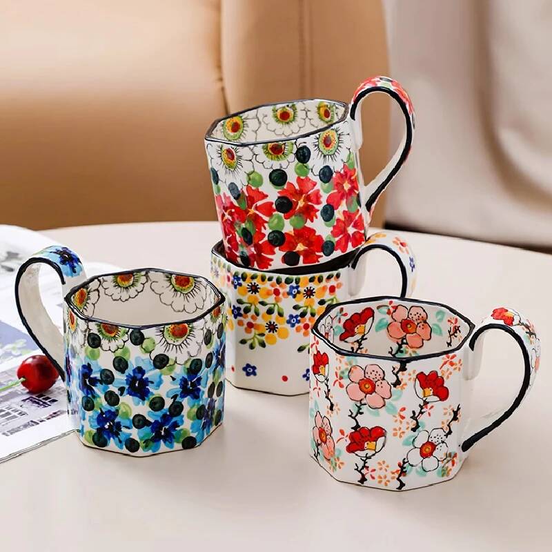 Coffee Tea Drink - 400ML Retro-Blumenbecher Keramik-Kaffeetasse Polygon-Milchteebecher Küchen- und